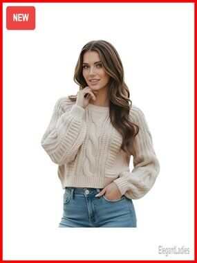 Cropped Cable Knit Sweater Long Sleeve Crew Neck Pullover for Fall Winter